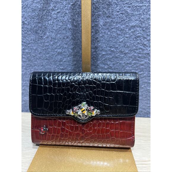Brighton Croc Texture Trifold Wallet Ladybug Bee Black Brown Leather - Picture 1 of 15